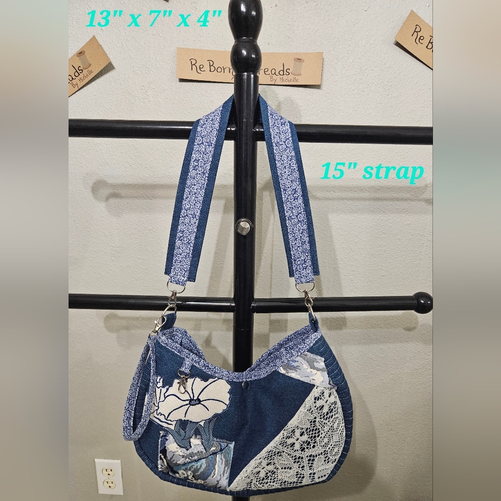 Handcrafted Blue Floral Shoulder Bag with Removable Strap